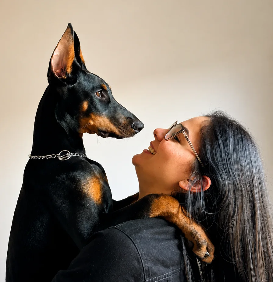 Dani Godoi sorrindo com um dobermann no colo; os dois se olham, e a pata dele está apoiada no ombro dela.